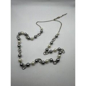 Silver Tone Gray and Ivory Faux Pearl Necklace with Textured Link Accents